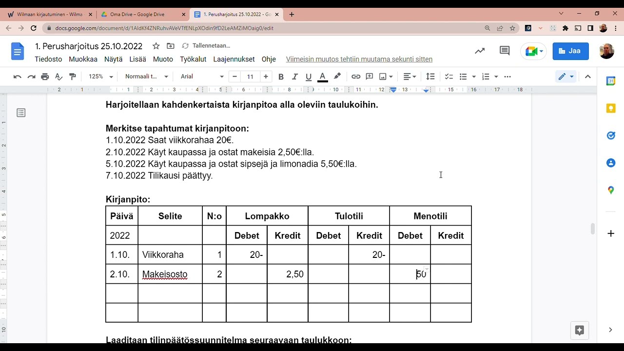 1. Harjoitus kahdenkertaiseen kirjanpitoon.