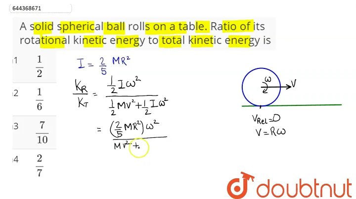 A solid spherical ball rolls on a table. Ratio of its rotational kinetic energy to total kinetic...