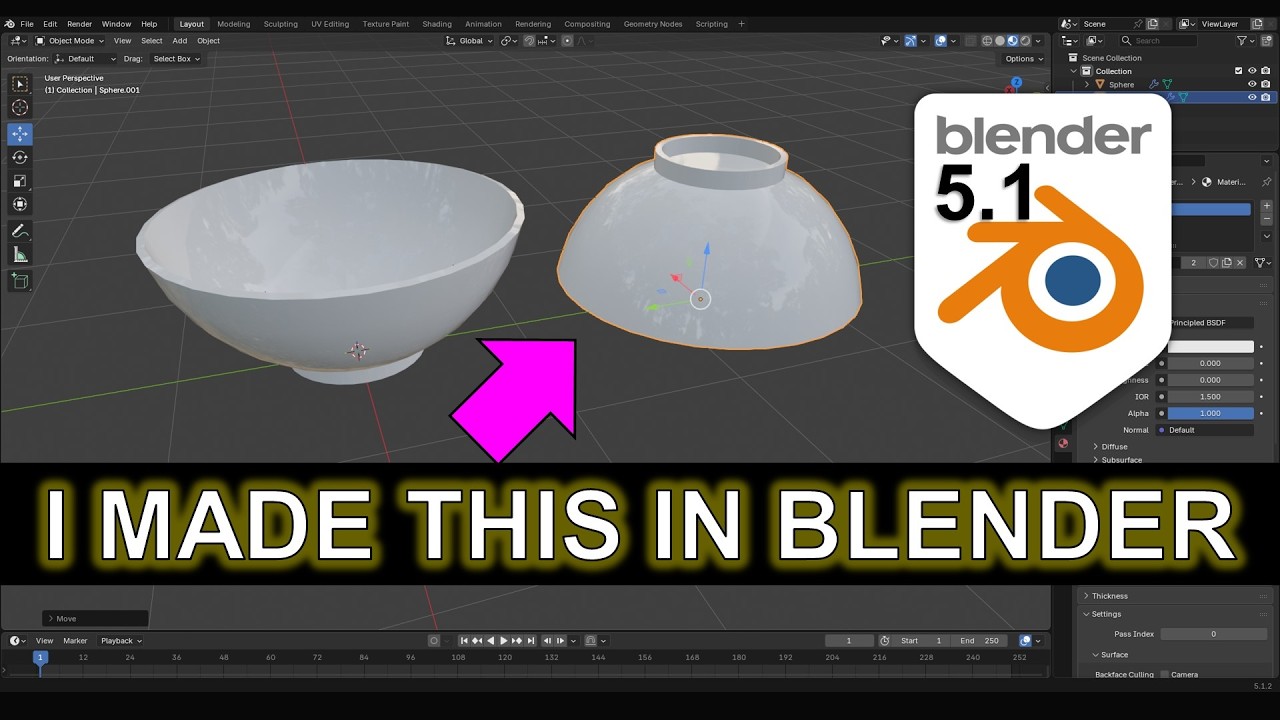 Blender 5.1 Tutorial: Model a Realistic Ceramic Bowl Using UV Sphere & Solidify Modifier