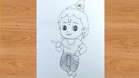Lord bal krishna standing with bansuri outline pencil drawing for beginners