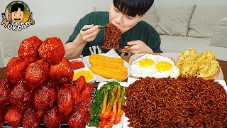 ASMR MUKBANG | Жареный цыпленок, сырная палочка, лапша с черной фасолью, кимчи Корейская еда