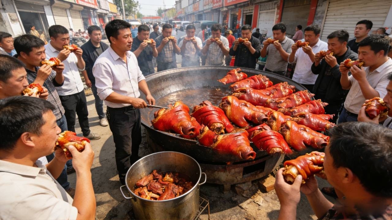 菏泽大哥卖卤肉，先炸后卤，自称天下第一脸 #菏泽 #卤肉 #猪头肉