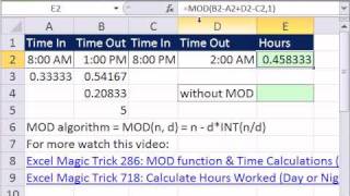 Download file: http://people.highline.edu/mgirvin/ learn how to
calculate hours worked night or day shift with break for lunch given
time number inputs using...