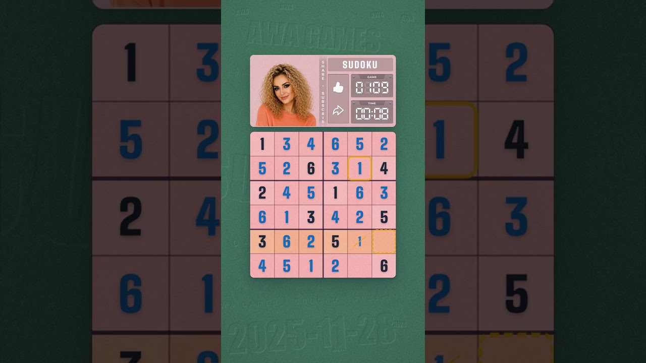 LinkedIn Mini Sudoku #109 solved board for November 28, 2025, 6x6 grid