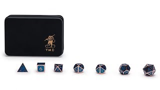 Collector's 7 Rose Gold on Blue Metal Dice Set with Storage Case, "Arabasque"