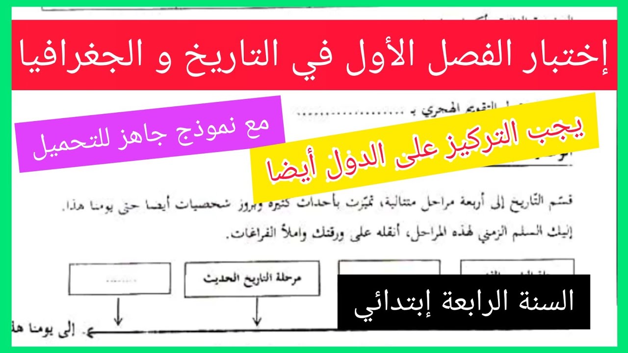 إختبار الفصل الأول في مادة التاريخ و الجغرافيا للسنة الرابعة إبتدائي مع نموذج جاهز للتحميل