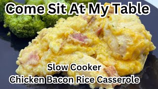 Slow Cooker Chicken Bacon Rice Casserole for a hearty, quick and easy dinner!  Simple ingredients!