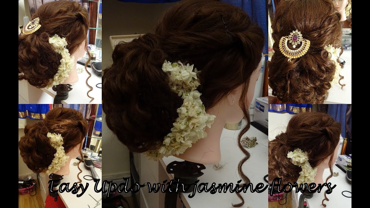 Easy Hair Updo Messy Bun With Jasmine Flowers For Tamil Indian