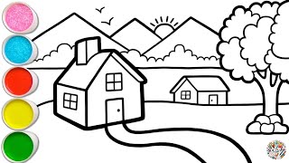 Landscape Pictures And House Drawing, Panting, Coloring Step By Step
