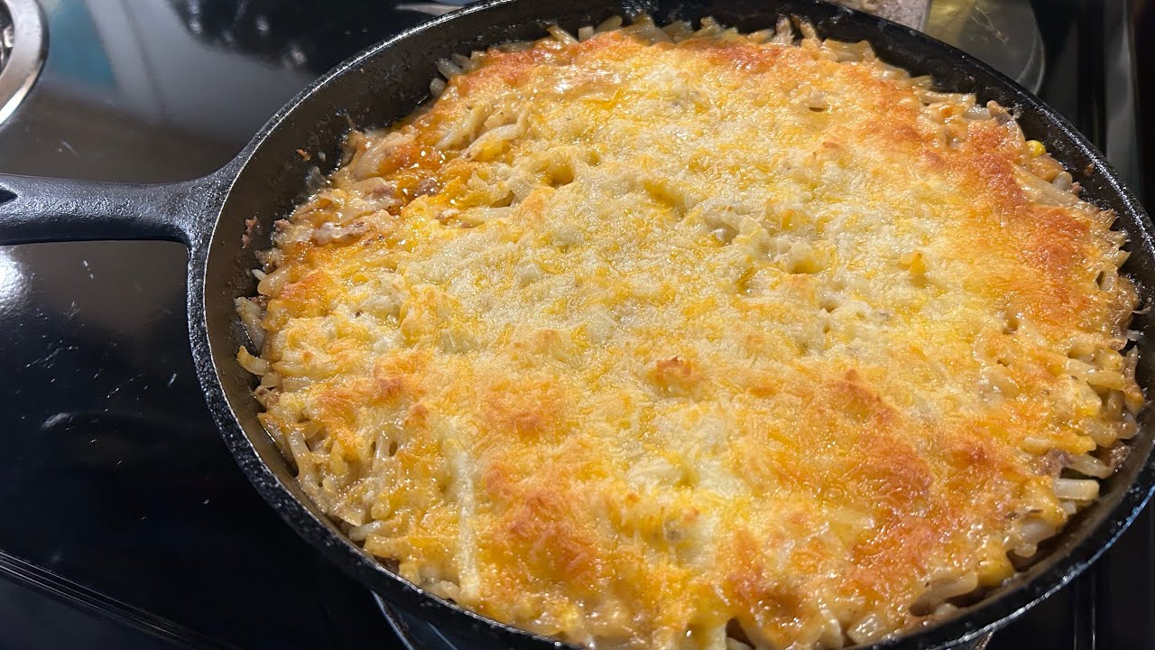 Hash brown hamburger casserole with veggies and cheeseCountryCookin 