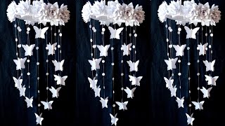 How to make easy paper rose flowers wall hanging |Wind Chime |Decoration idea|White Paper crafts|DIY