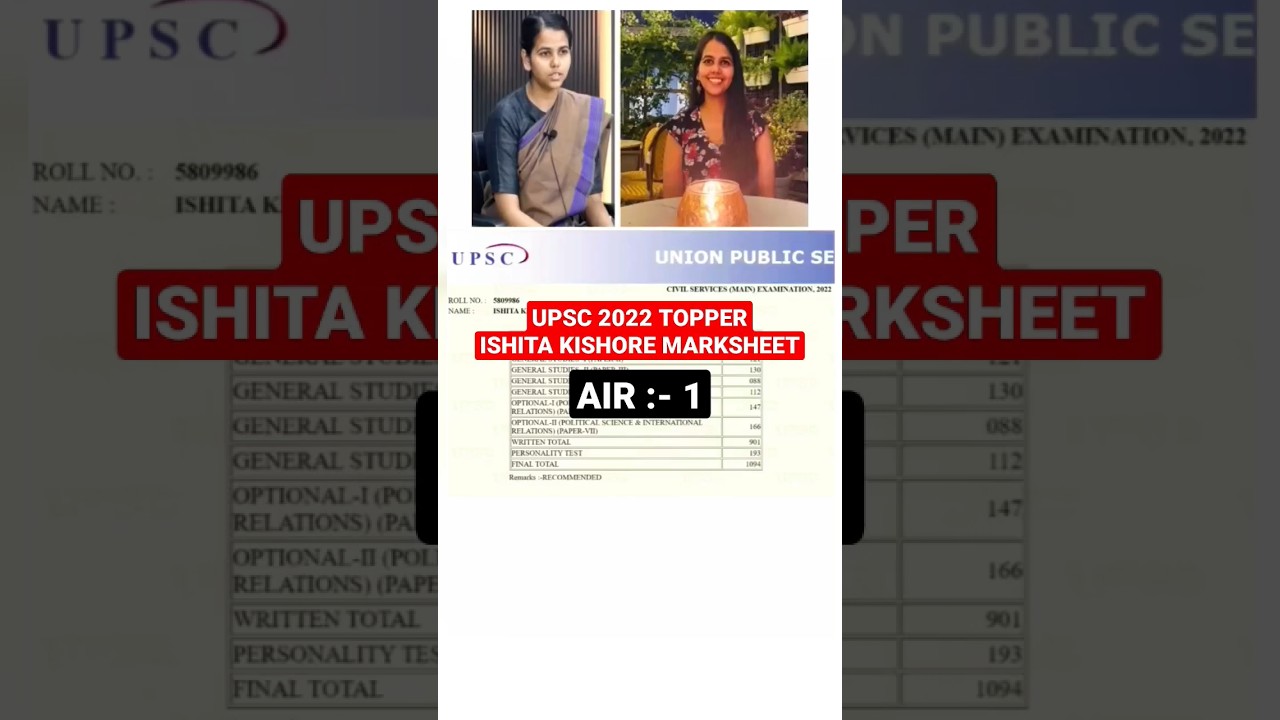 ISHITA KISHORE MARKSHEET UPSC 2022 TOPPER | IAS TOPPER MARKSHEET | 