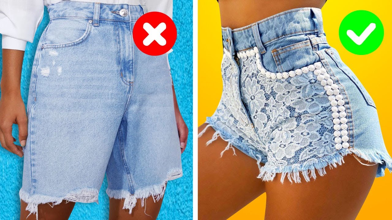 TRANSFORMAÇÃO! 9 IDEIAS INTELIGENTES DE HACK PARA ROUPAS E ACESSÓRIOS DA MODA COM SHORT JEANS 