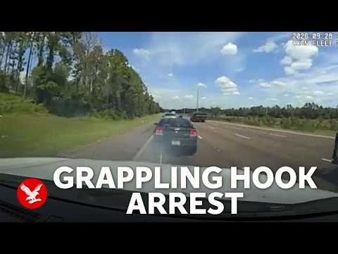 Fleeing offender's car gets taken out by police grappling hook