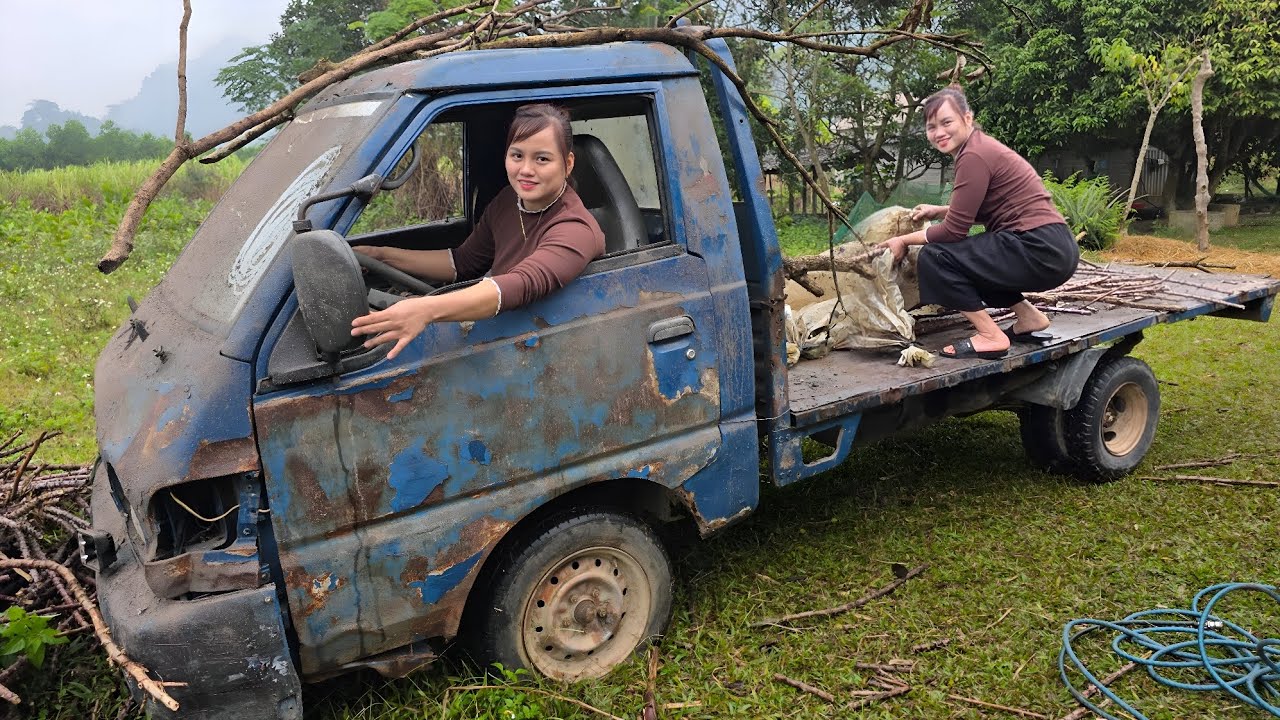 Girl repairs and restores scrap trucks with broken engines.