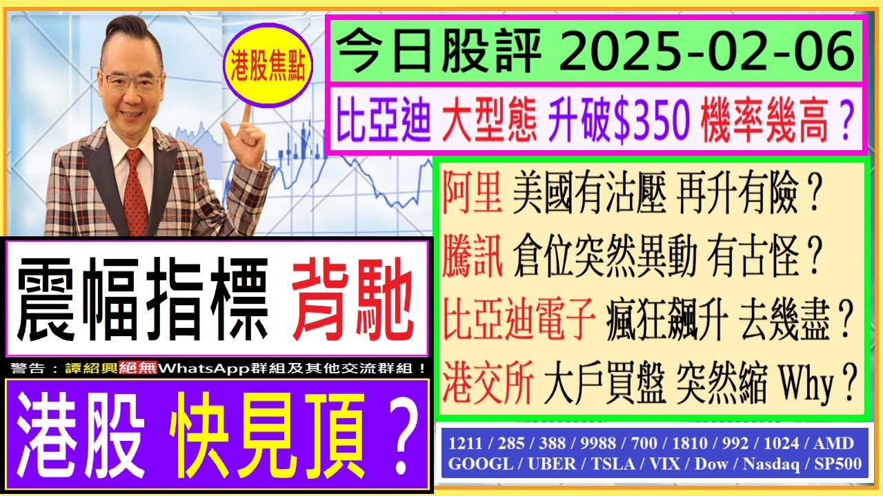 震幅指標背馳 港股快見頂？😬/比亞迪 升破$350 機率幾高💥/比亞迪電子 飆升去幾盡🥰/港交所 大戶買盤縮 Why？😨/阿里 美國有沽壓  有險？😅/騰訊 倉位突然異動 有古怪😜/2025-02-06
