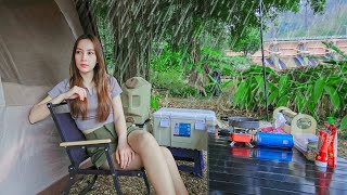 Solo Camping in Rain Storm | Relaxing in the Cosy Tent Shelter | Tom Yum Goong Thai Food | ASMR