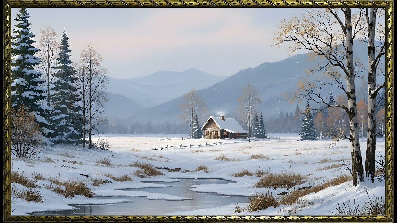 Vintage Frosted Meadow in Peaceful Silence| Gold Frame TV Art | Art Screensaver for TV | Wall Art