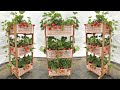 No garden  idea for growing a vertical strawberry garden from a plastic basket at home