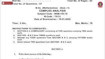 MSC 1ST SEM MATHEMATICS COMPLEX ANALYSIS JAN 2023 | PTU
