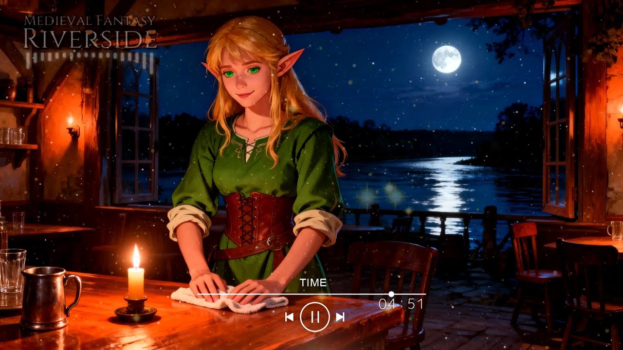 Soft Breeze • Warm Tavern Night beside the Gentle Stream • Medieval Fantasy Riverside