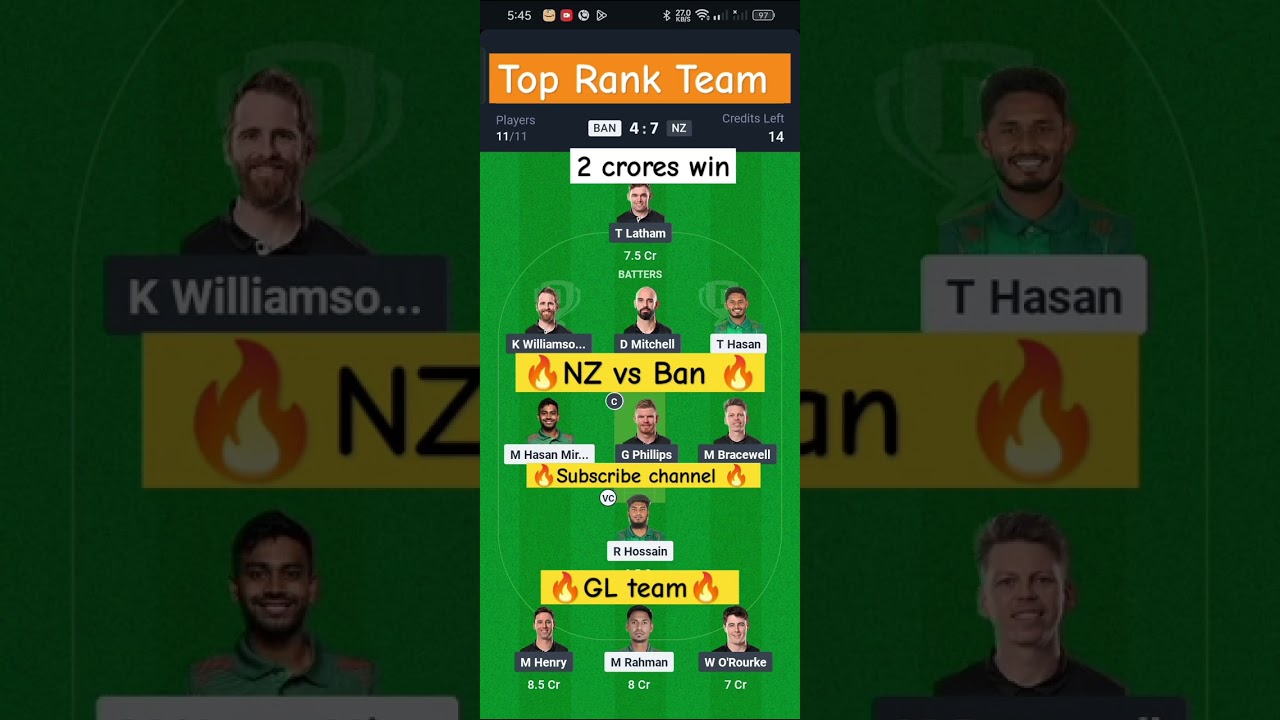 BAN 🇧🇩 vs NZ 🇳🇿 Dream11 Prediction | Dream11 Team Of Today Match | NZ vs BAN Dream11 Prediction