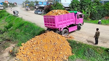 Nicely Start project Landfill By Best Skill Driver 5TTrucks Unloading Rocksoil AndDOZER D31P Pushing