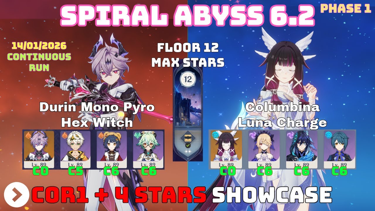 Columbina C0R1 + All 4 Stars Teamates + Durin C0R1 / Same Abyss 6.2 Phase 1: Luna III - Floor 12 9*