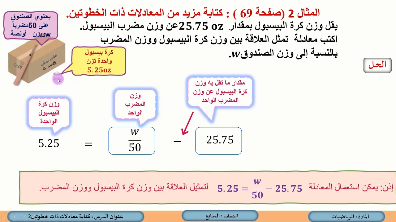 الصف السابع   الرياضيات   كتابة معادلات ذات خطوتين 2