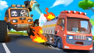 Fire Truck Rescues Tanker Truck | Monster Truck | Car Cartoon | Kids Song | BabyBus - Cars World