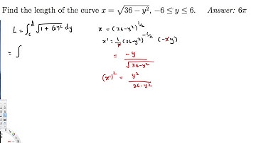 Find the length of the curve x= squrt36−y^2,−6≤y≤6