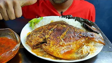 SPICY BIG POMFRET, BRINJAL FRY, GREEN CHILLI EATING SHOW. #platesofasmr