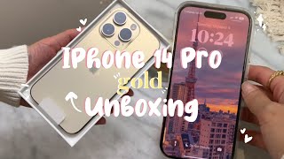iPhone 14 Pro Gold aesthetic unboxing ⊹ accessories + set up