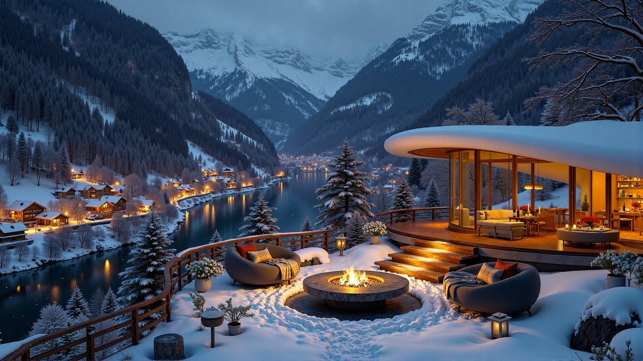 Winter Night Jazz by the Fireplace❄️Cozy Snowy Mountain Coffee Terrace | Deep Jazz for Calm & Unwind