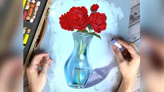 Draw Roses in a Glass Vase in soft pastels. Рисуем розы в стеклянной вазе сухой пастелью screenshot 3