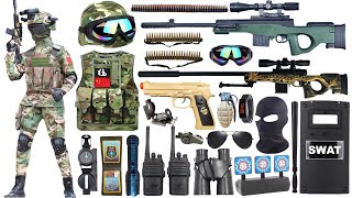 Unboxing special police weapon toy set, AWM sniper rifle, M416, AK47 rifle, Glock pistol, bomb