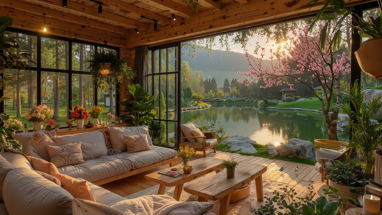 Peaceful Spring Morning by the Lake 🌸 Relaxing Piano & Fireplace Sounds for Focus & Study
