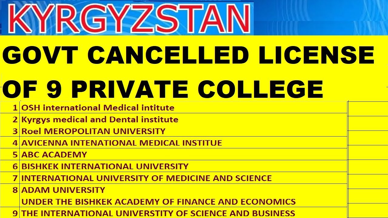 Kyrgyzstan Govt has cancelled the License /approval of 9 private medical college out of 17 , Beware