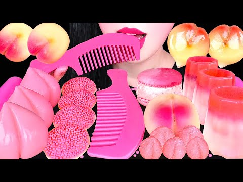 ASMR EDIBLE HAIR COMB, PINK JELLO <strong>SHOTS</strong>, PEACH JELLY, UFO <strong>CANDY</strong> 핑크색 디저트 *먹는 빗, 먹는 컵, 복숭아 젤리 MUKBANG