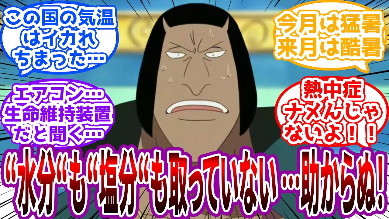 「寝る前にエアコンにタイマーをかけるなと…！！何度言ったらわかるのだ！！！」水分補給の大切さと熱中症の恐ろしさを語るワンピキャラたちに対する読者の反応集【ワンピース】