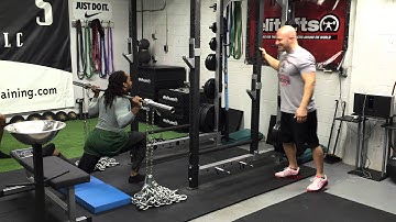 DeFrancosGym.com: [verbal cue] Bulgarian split squats w/ chains