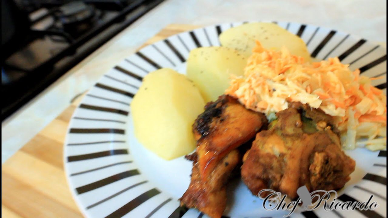 Boiled Potatoes Served With Left Over Curry Chicken And Coleslaw | Recipes By Chef Ricardo | Chef Ricardo Cooking