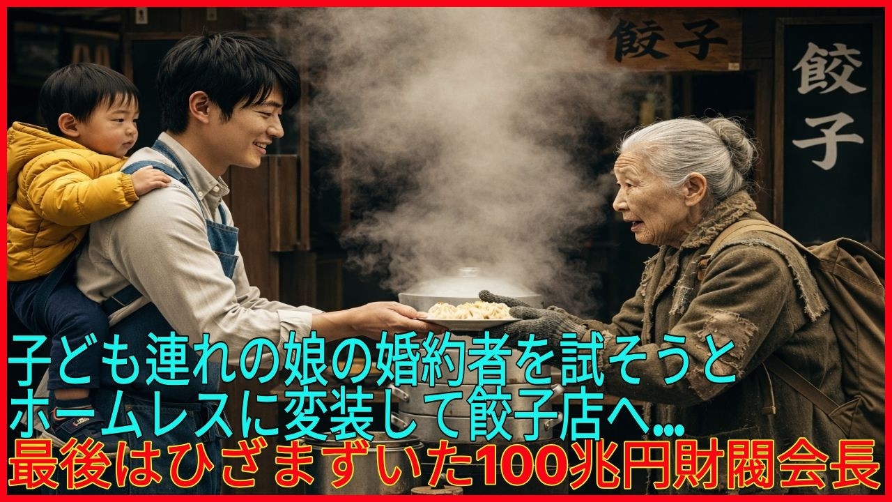 【スカッと】子ども連れの娘の婚約者を試そうとホームレスに変装して餃子店へ――100兆円財閥会長、最後はひざまずいた｜感動物語｜オーディオブック｜AI物語