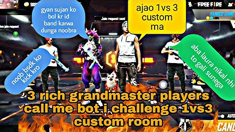 3 Random Rich Players Call Me Noob! 1 v 3 Challenge Custom Room || 10000 Diamonds Challenge || SUMIT
