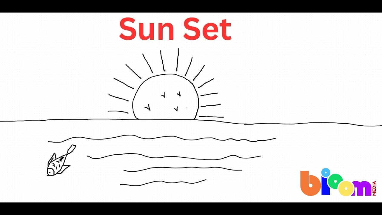 Простой рисунок заката, волн и морских ракушек.