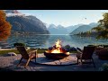 Spring morning relax time in cozy forest ambience with lake waves and campfire sounds