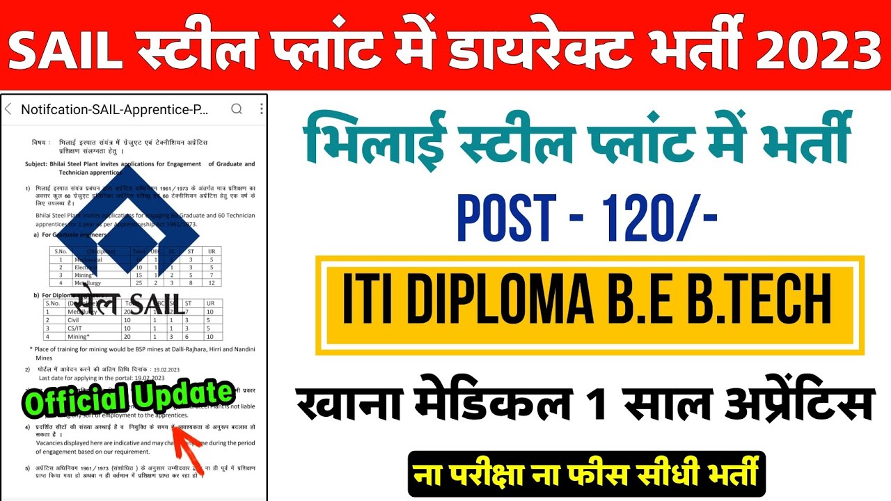 SAIL Recruitment 2023 Bhilai Steel Plant Job 2023 Fresher ITI