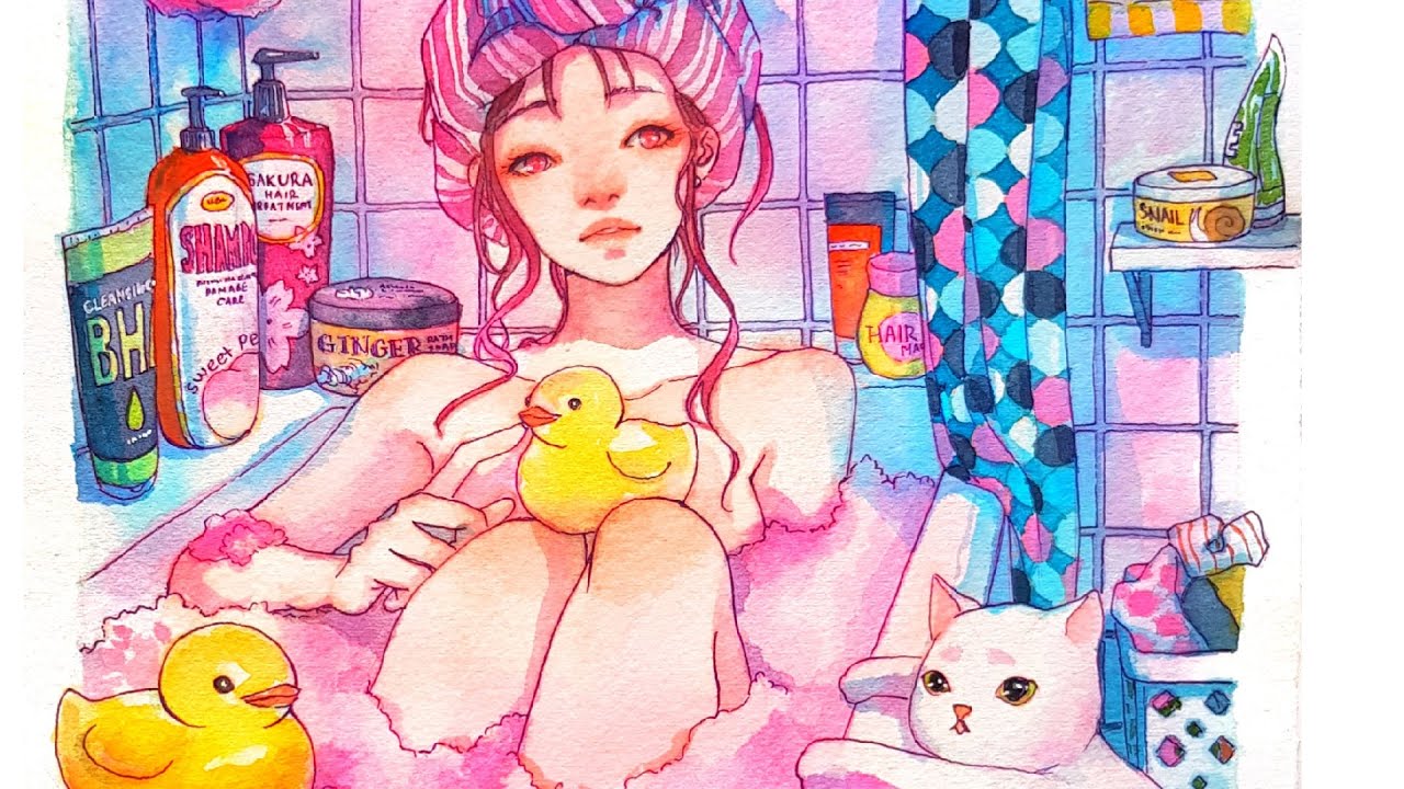BATHING - Watercolor illustration