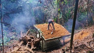 Solo Bushcraft: Build a bushcaft house with bamboo. Build a warm stove and make a roof - Part.2