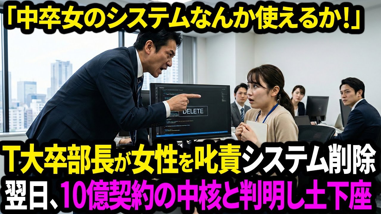 「中卒女のシステムなんか使えねぇw」T大卒部長が女性を叱責システム削除。翌日、10億契約の中核と判明し部長土下座【面白きかな人生】